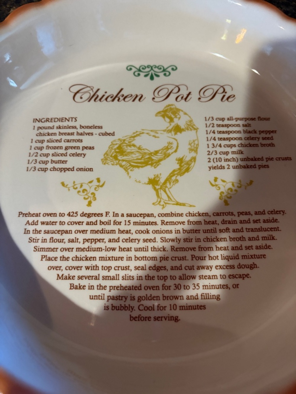 Chicken Pot Pie recipe deep dish plate 10” stoneware heavy for baking - Picture 2 of 4